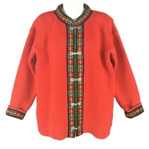 VTG Nordic Wool Cardigan Sweater Size M Metal Clasp Red Floral Norway by Nesjar